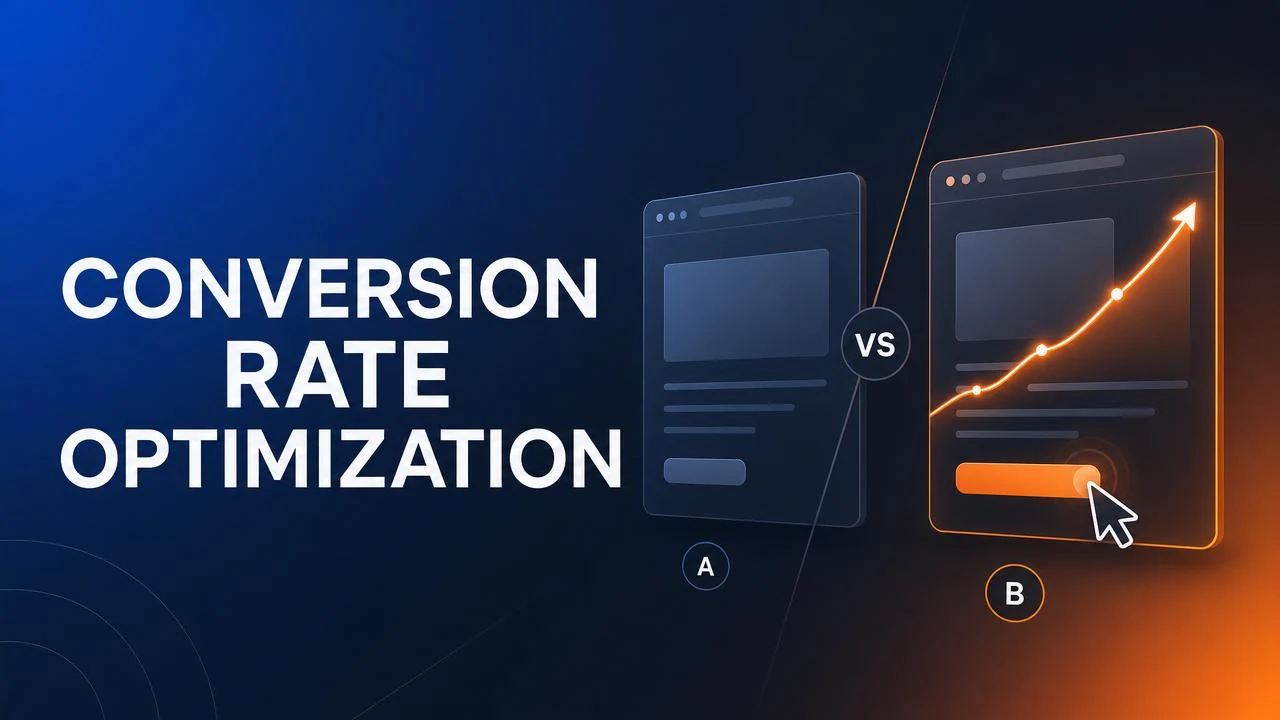 Two browser windows with a rising conversion trend line — CRO guide