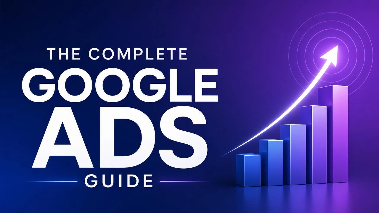 3D growth bar chart with upward arrows on blue gradient — Google Ads guide