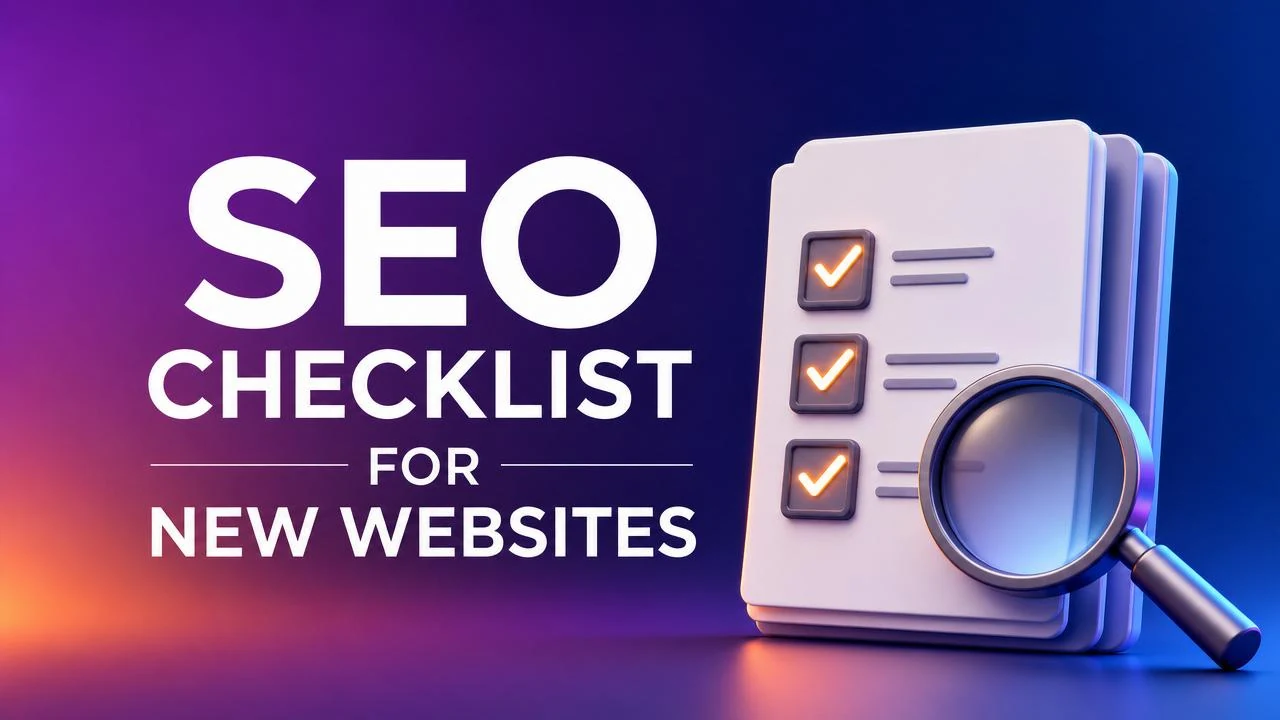 Magnifying glass over stacked documents with glowing checkmarks — SEO checklist