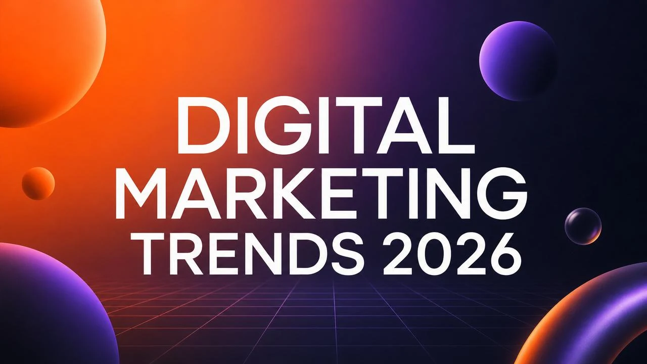 Glowing orange orbs floating over a neon grid — Digital Marketing Trends 2026